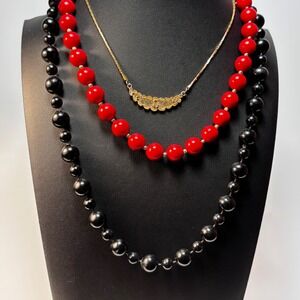 Necklace Lot Goth Witchy Black Red Vintage Acrylic Beads Metal Moon Pendant